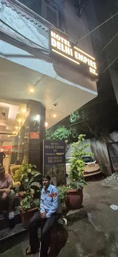 Hotel Delhi Empire DX entrance and signage at night, Paharganj, New Delhi